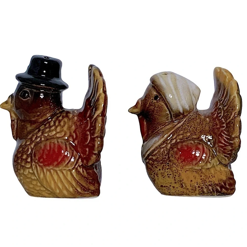 Thanksgiving Harvest Turkey Salt and Pepper Shaker Ceramic Set Rustic Fall Color